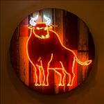 Ox, 2016, Acrylic and neon light on wooden panel, Diameter 100 cm.