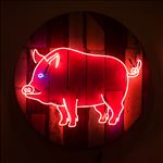 Pig, 2016, Acrylic and neon light on wooden panel, Diameter 100 cm.