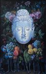 Pat Yingcharoen, "Blue garland no.2", 2022, Oil on linen, 60x95 cm.